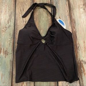 Tankini NWT Liquid Assets Keyhole Built-In Cups Black Halter Swimsuit Top Sz 16